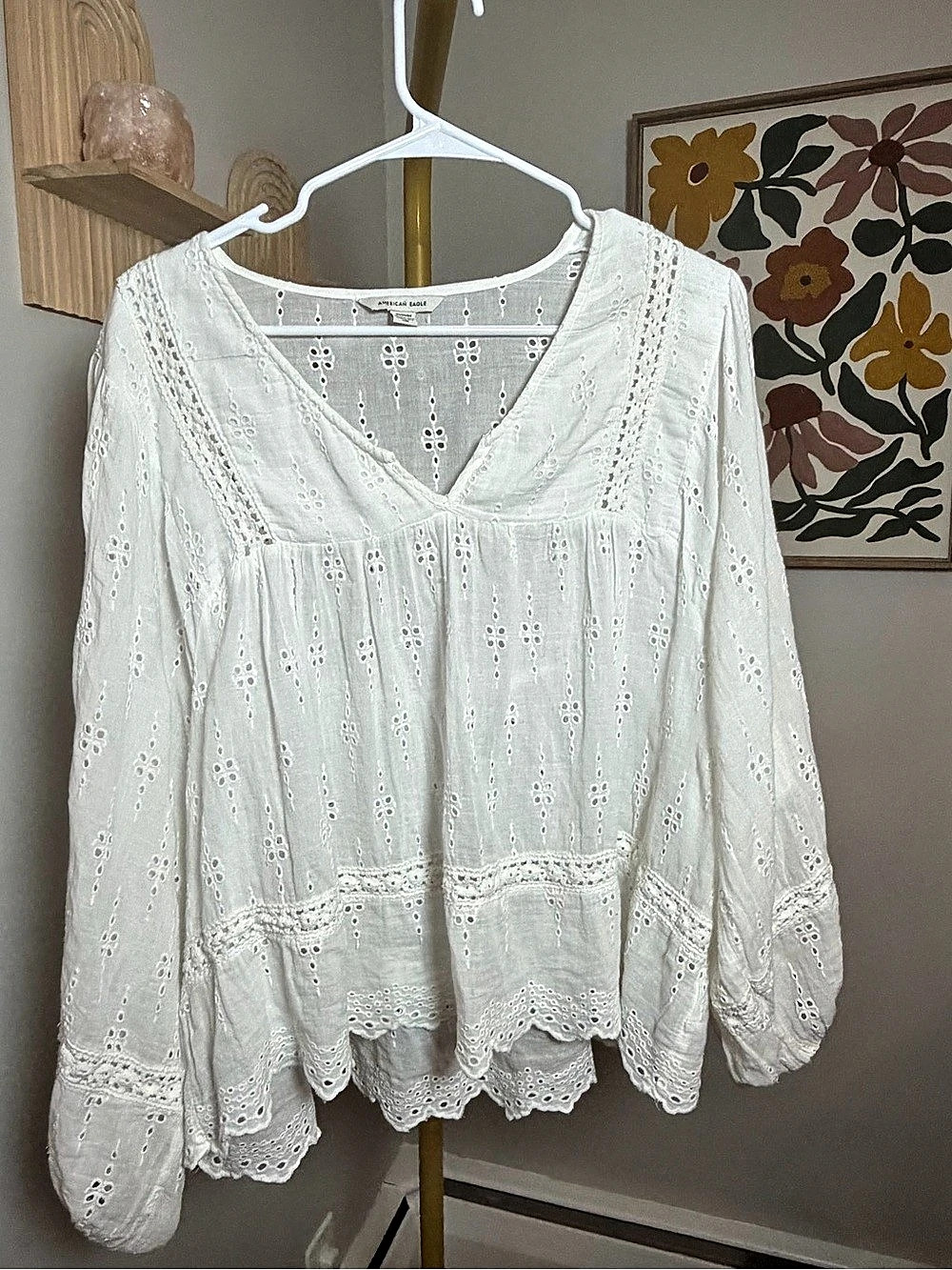 American Eagle AE Long-Sleeve Babydoll Eyelet Blouse White Sizs Medium